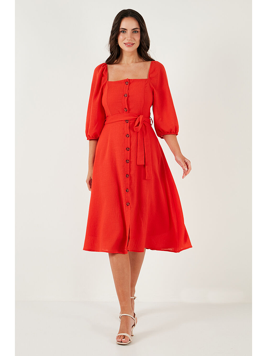 Kırmızı Regular Fit Kare Yaka Düğmeli Midi Boy Kadın Elbise 67810197-4