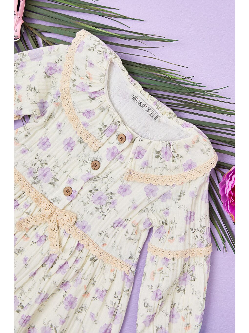 Lila %100 Pamuk Dantelli Bebe Yaka Kız Çocuk Elbise-1