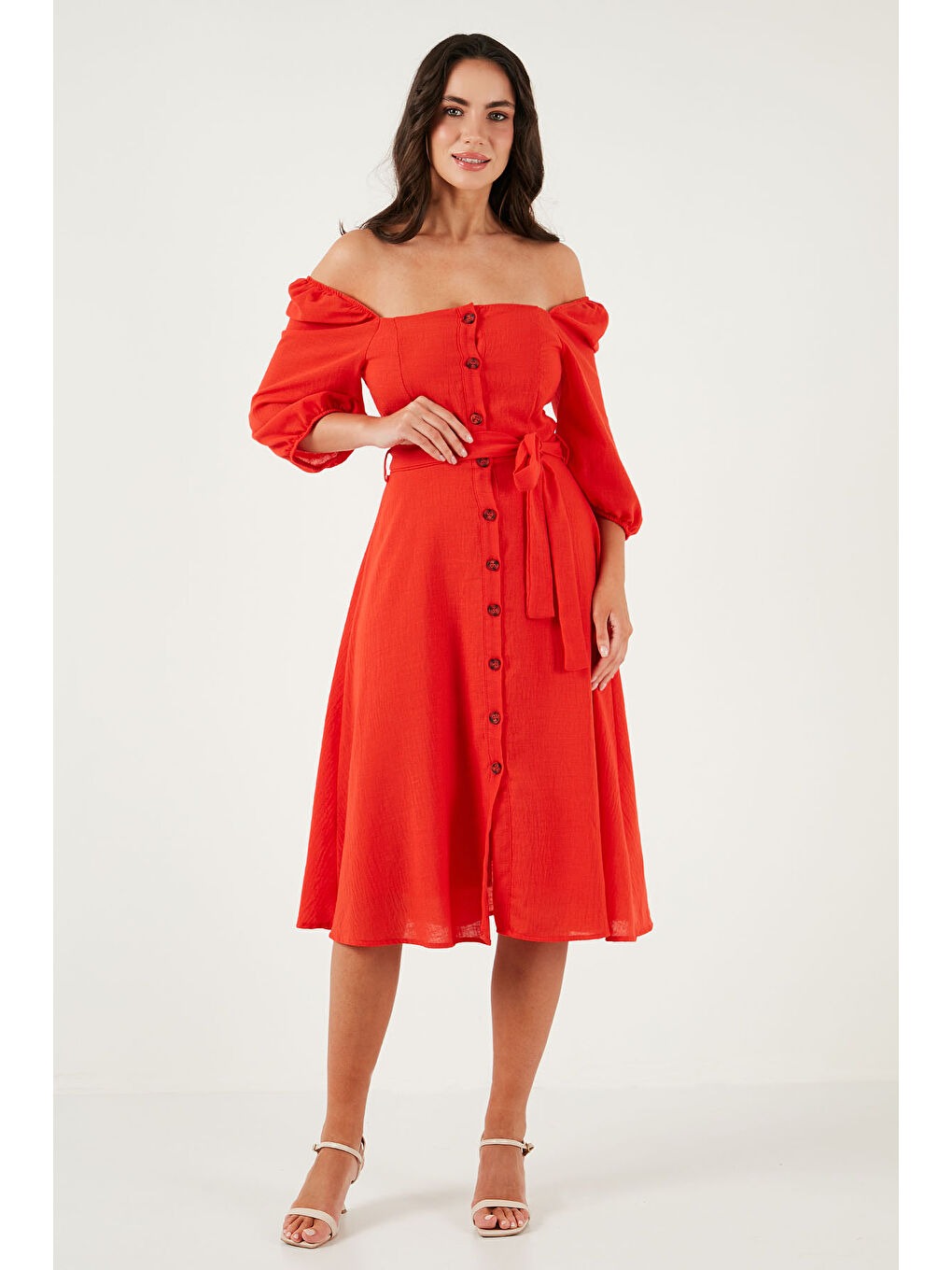 Kırmızı Regular Fit Kare Yaka Düğmeli Midi Boy Kadın Elbise 67810197-5