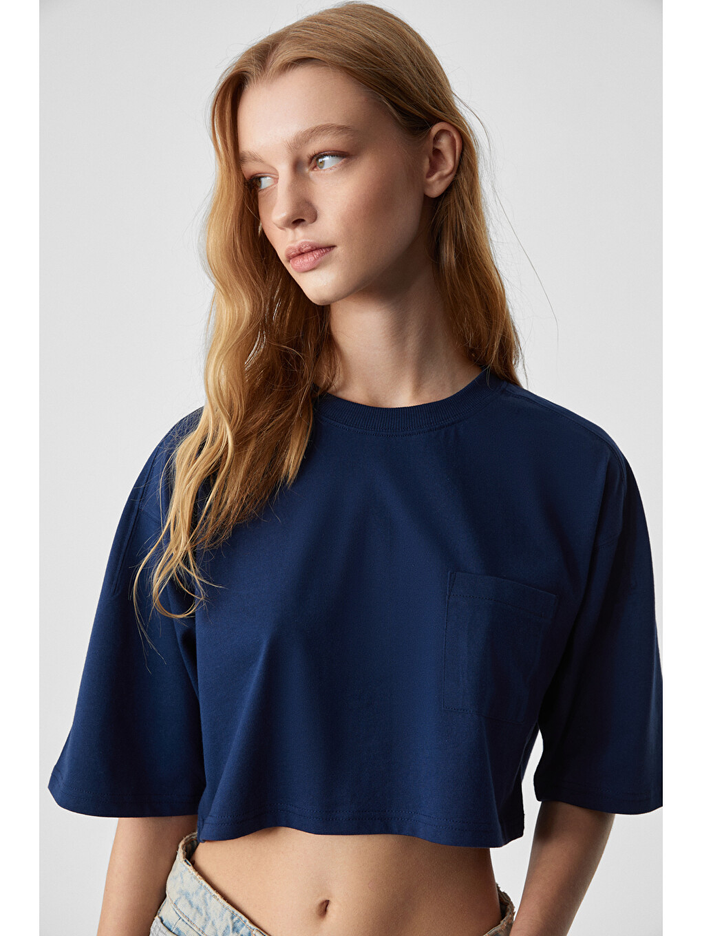 Qefkop Kadın %100 Pamuk Bisiklet Yaka Oversize Lacivert T-shirt-3