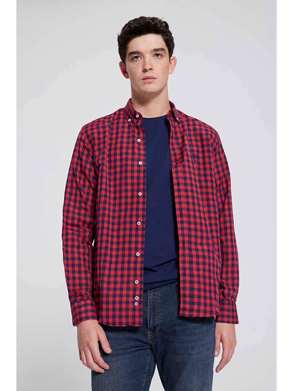 Slim Fit Kırmızı Kareli Ekoseli Gömlek-1