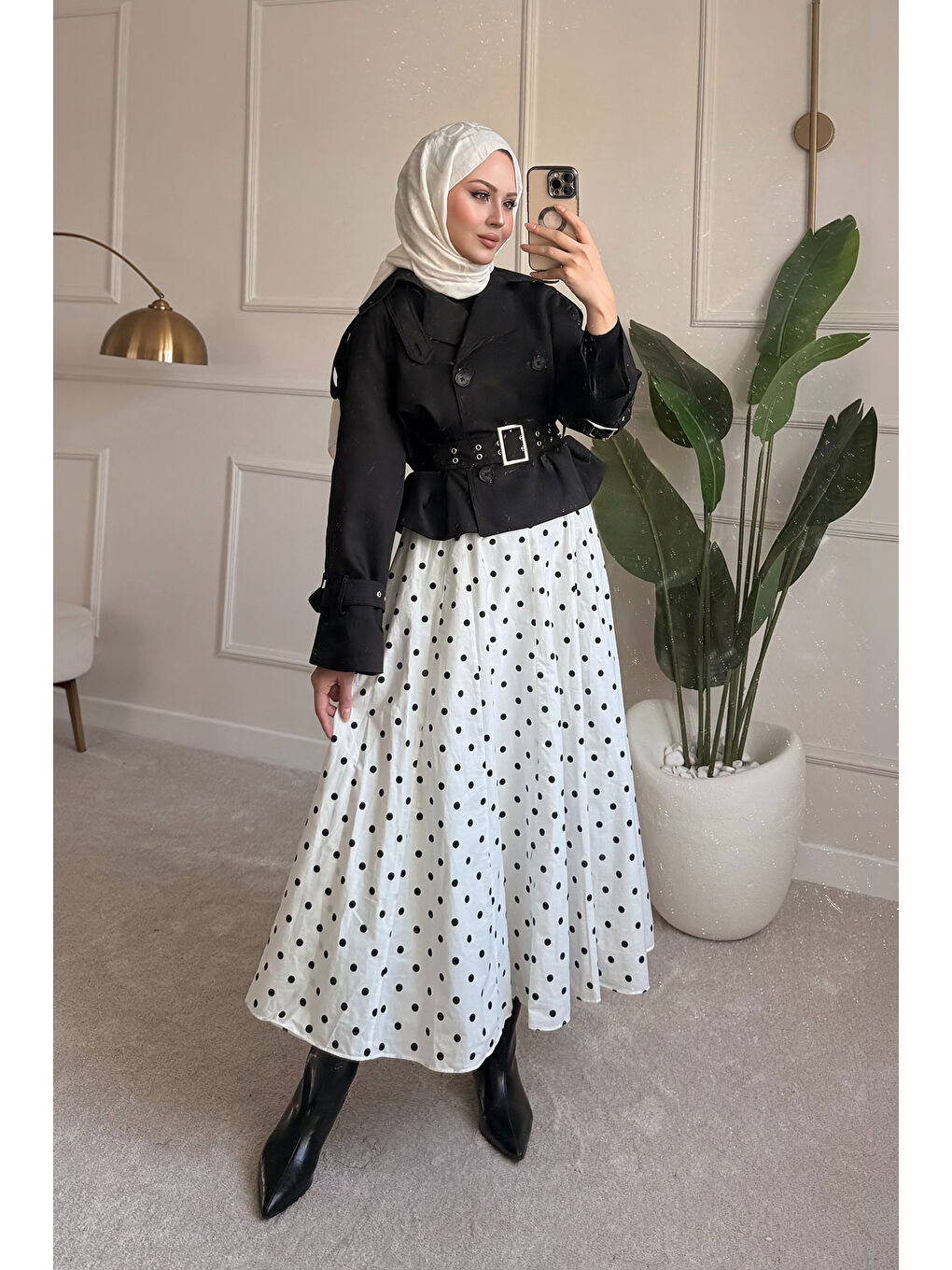 Kadın Benek Desen Detay Astarlı Etek Beyaz-2