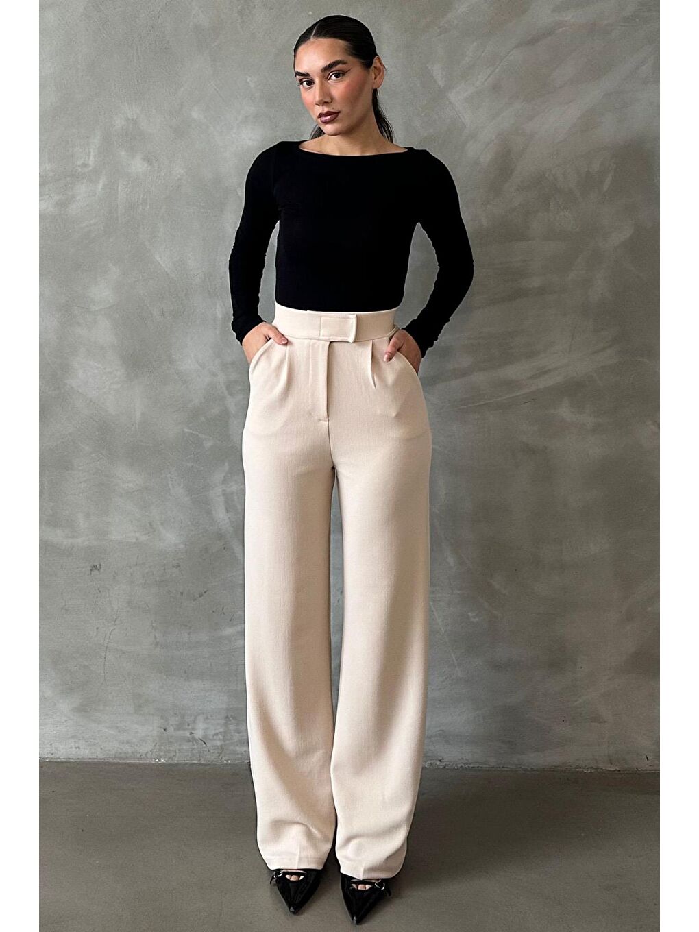 Açık Bej Elastanlı Cırt Kapamalı Palazzo Pantolon Mg2291