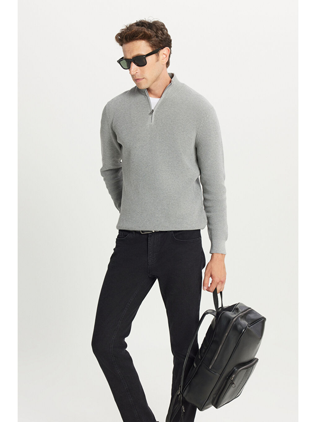 Erkek Gri Melanj Pamuklu Standart Fit Normal Kesim Bato Yaka Jakarlı Triko Kazak-1