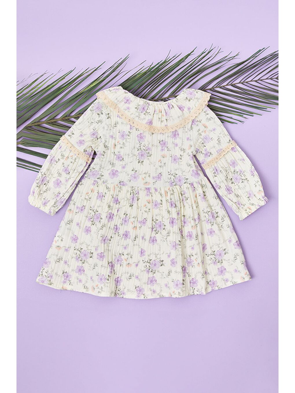 Lila %100 Pamuk Dantelli Bebe Yaka Kız Çocuk Elbise-2