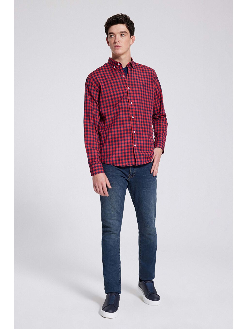 Slim Fit Kırmızı Kareli Ekoseli Gömlek-5