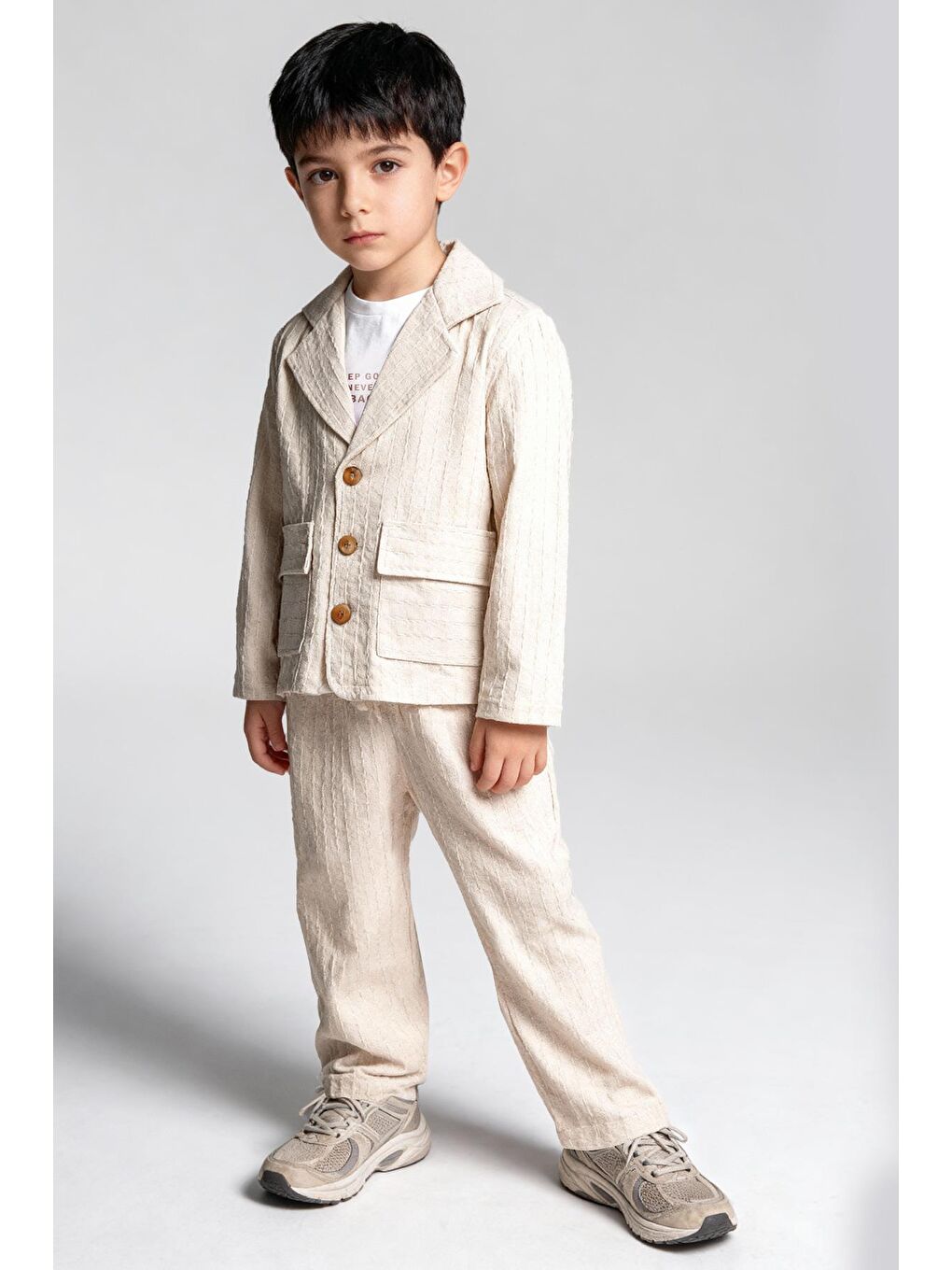 Erkek Çocuk Pamuklu Ekru Çizgili Ceket Pantolon Takım - Kısa Kollu T-Shirtlü 3'Lü-1