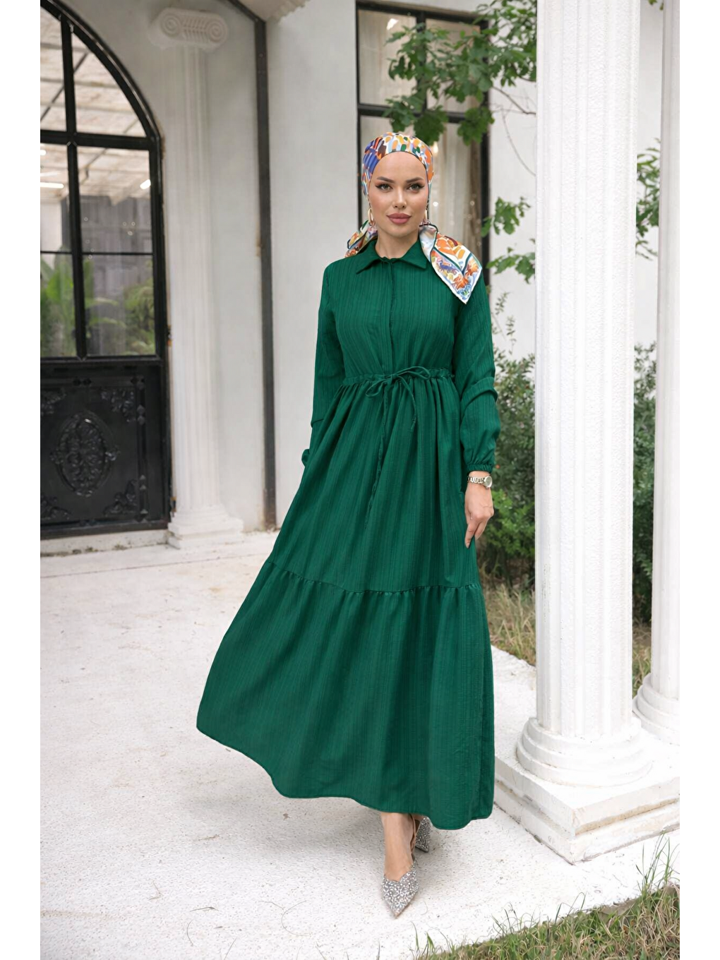 Kadın Uzun Kollu Büzgülü Tesettür K.Yeşil Uzun Elbise