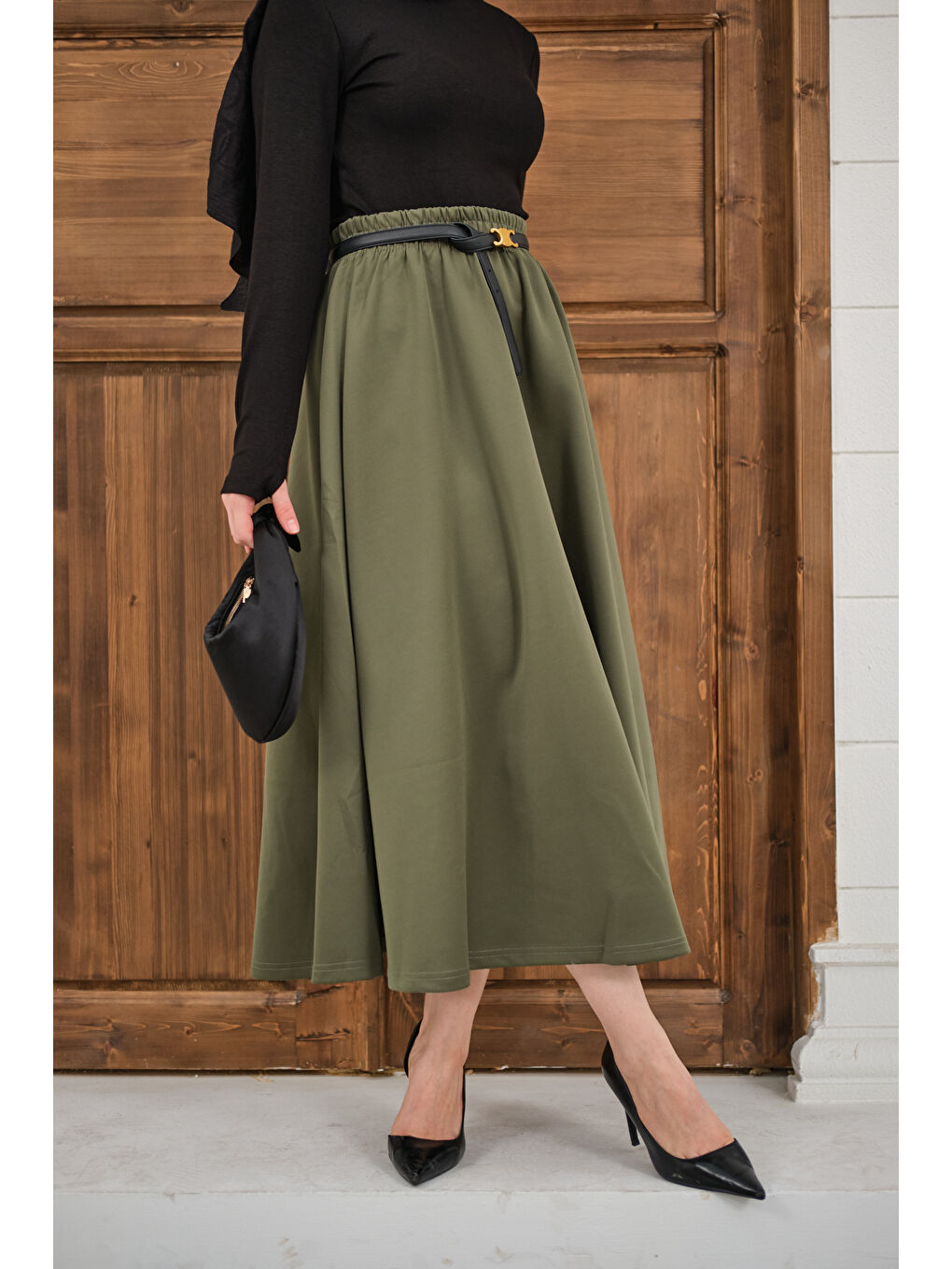 Kadın Beli Lastikli Scuba Etek Haki Yeşil-1