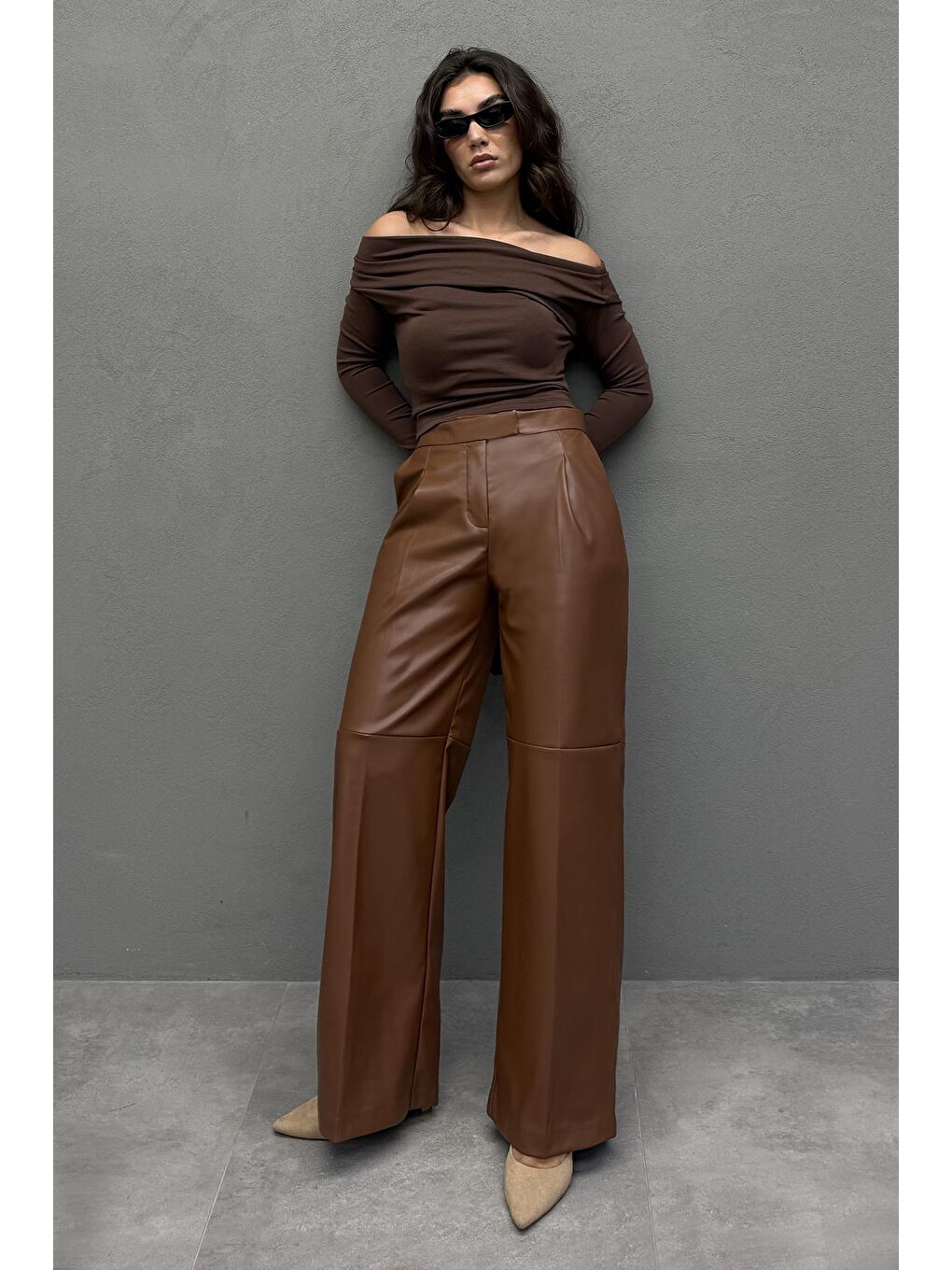 Kahverengi Pensli Palazzo Kadın Deri Pantolon Mg2612-1