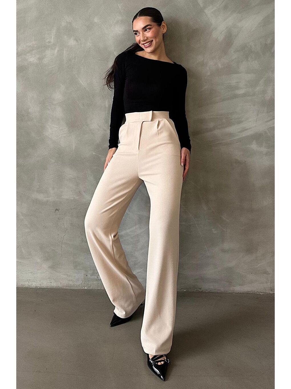 Açık Bej Elastanlı Cırt Kapamalı Palazzo Pantolon Mg2291-1