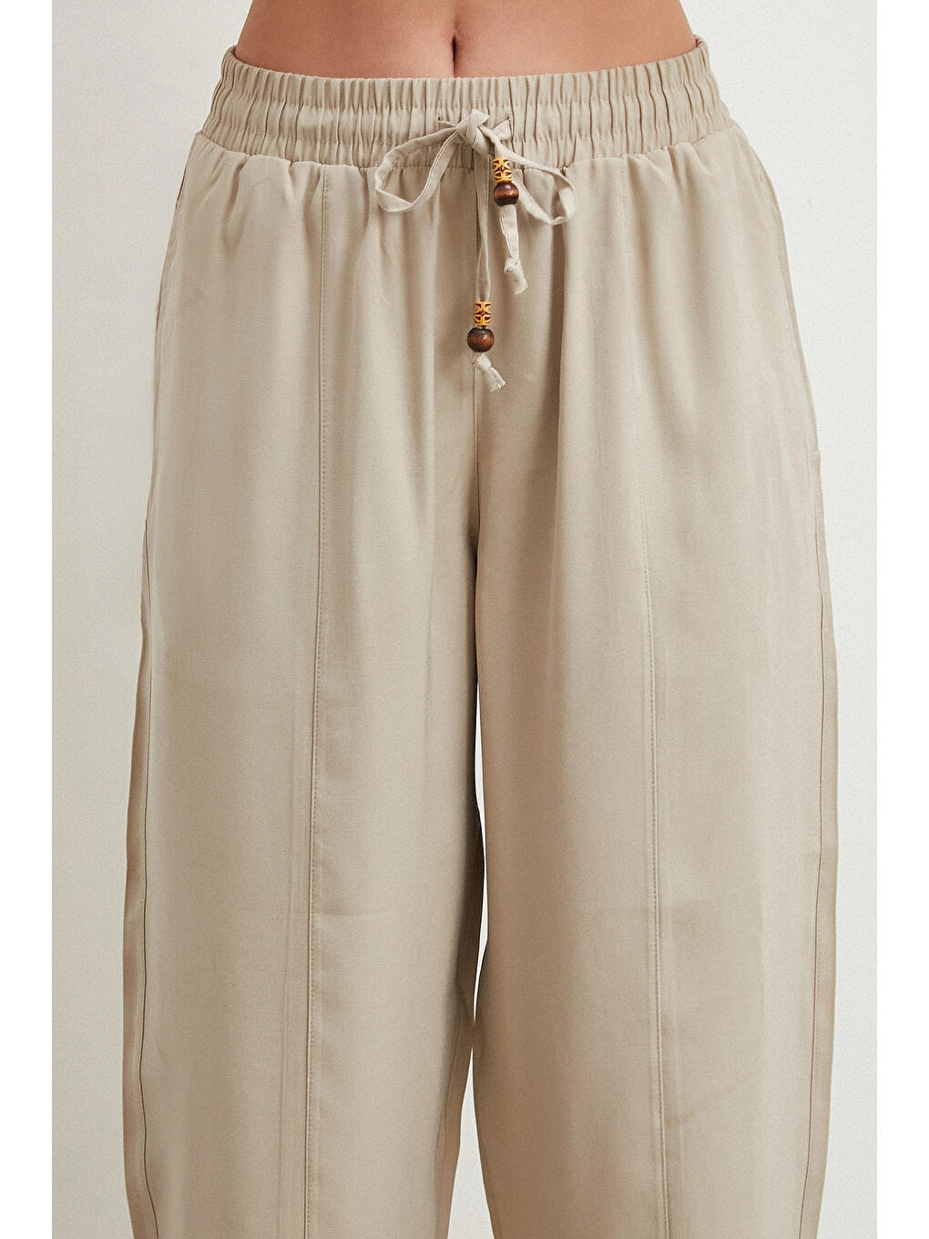 Bağcığı Boncuklu Salaş Pantolon Bej-5