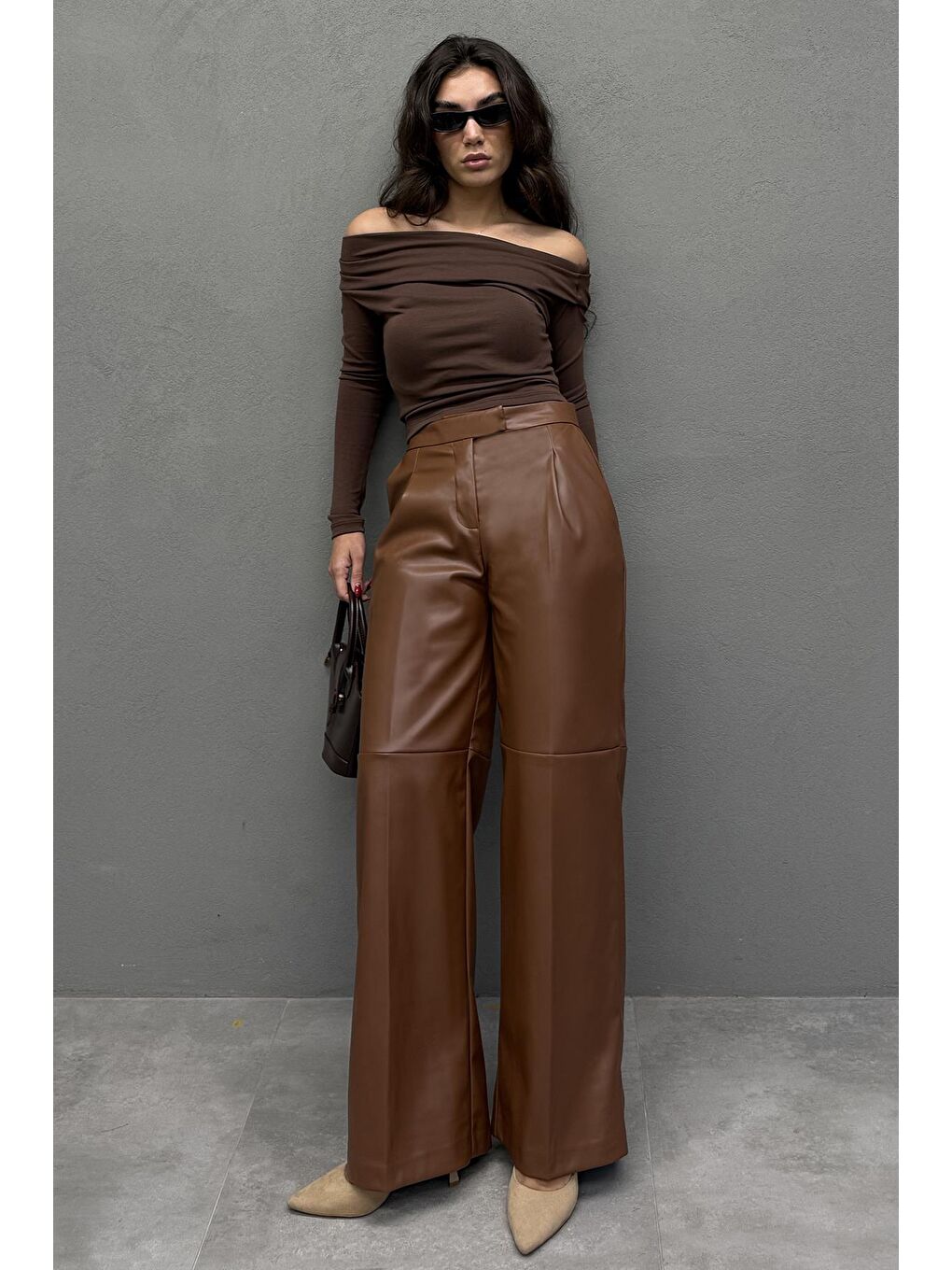Kahverengi Pensli Palazzo Kadın Deri Pantolon Mg2612-2