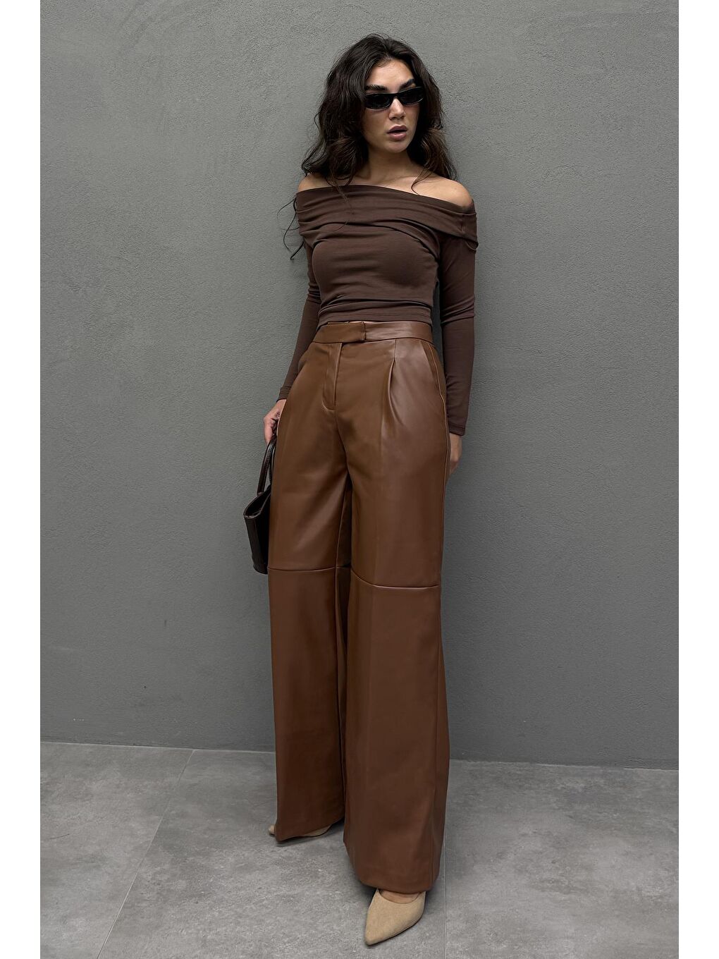 Kahverengi Pensli Palazzo Kadın Deri Pantolon Mg2612-3