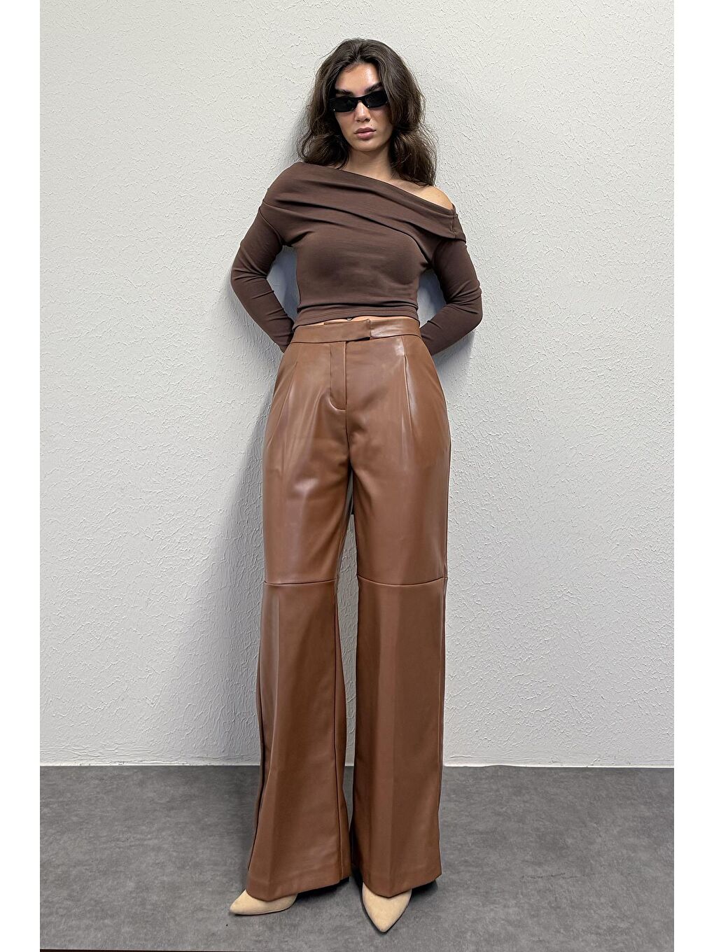 Kahverengi Pensli Palazzo Kadın Deri Pantolon Mg2612-4