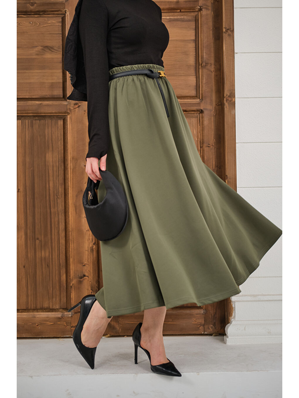 Kadın Beli Lastikli Scuba Etek Haki Yeşil-2