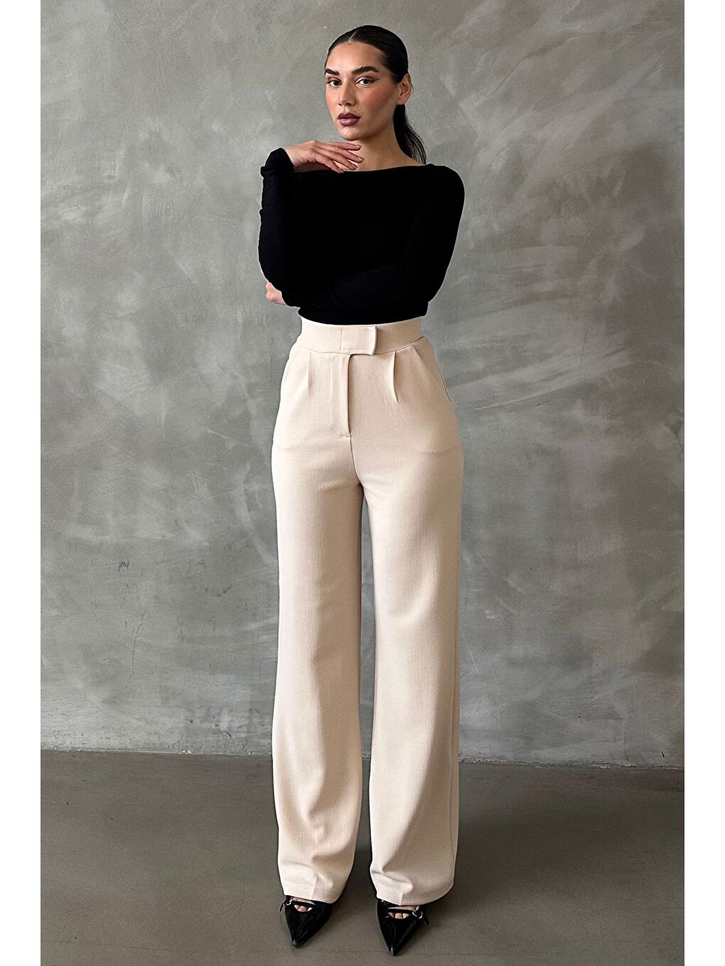 Açık Bej Elastanlı Cırt Kapamalı Palazzo Pantolon Mg2291-3