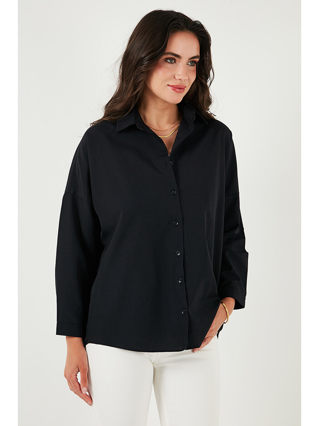 Siyah Pamuk Karışımlı Regular Fit Kadın Gömlek 6772418-1