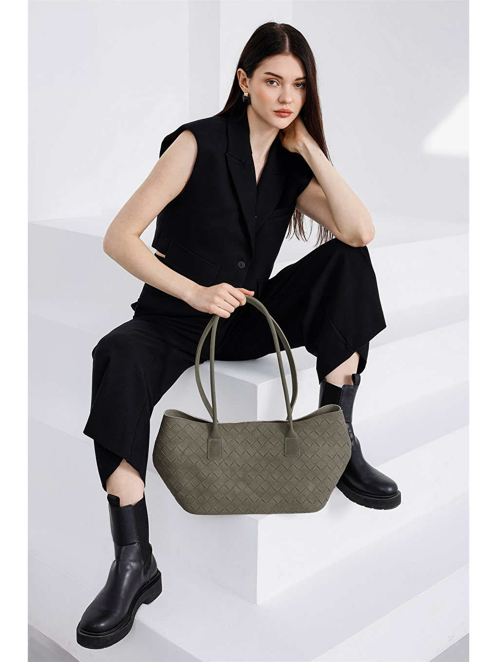 Bej Veneta Süet Shopper Omuz Çantası Vizon-3