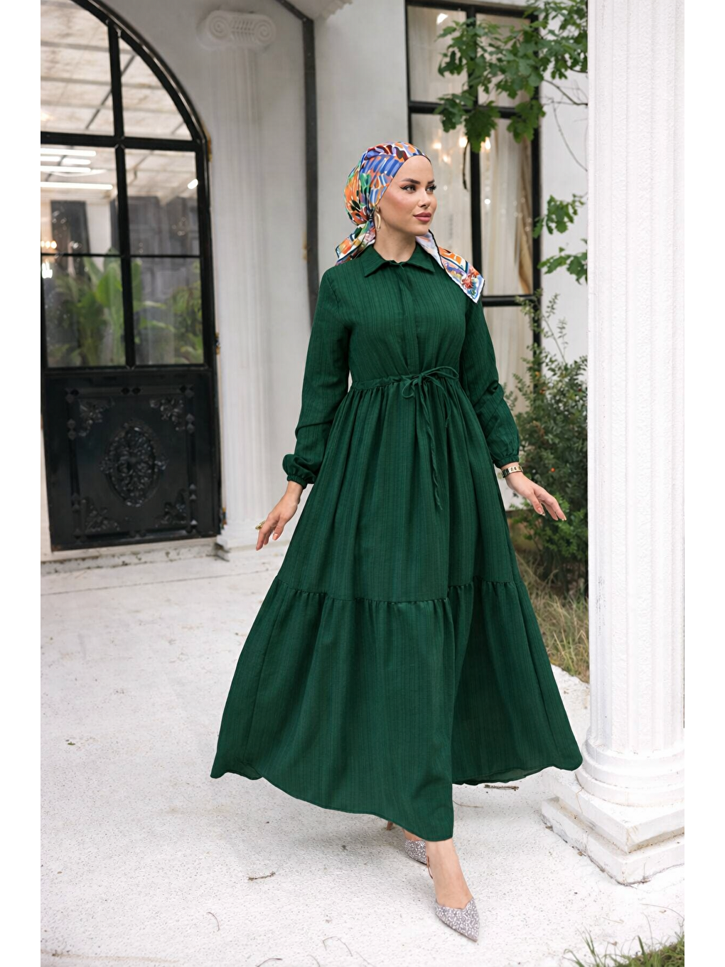 Kadın Uzun Kollu Büzgülü Tesettür K.Yeşil Uzun Elbise-1