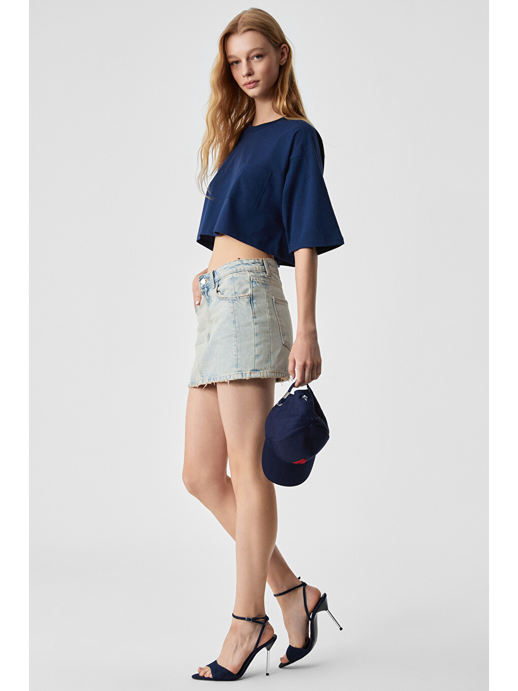 Qefkop Kadın %100 Pamuk Bisiklet Yaka Oversize Lacivert T-shirt-4