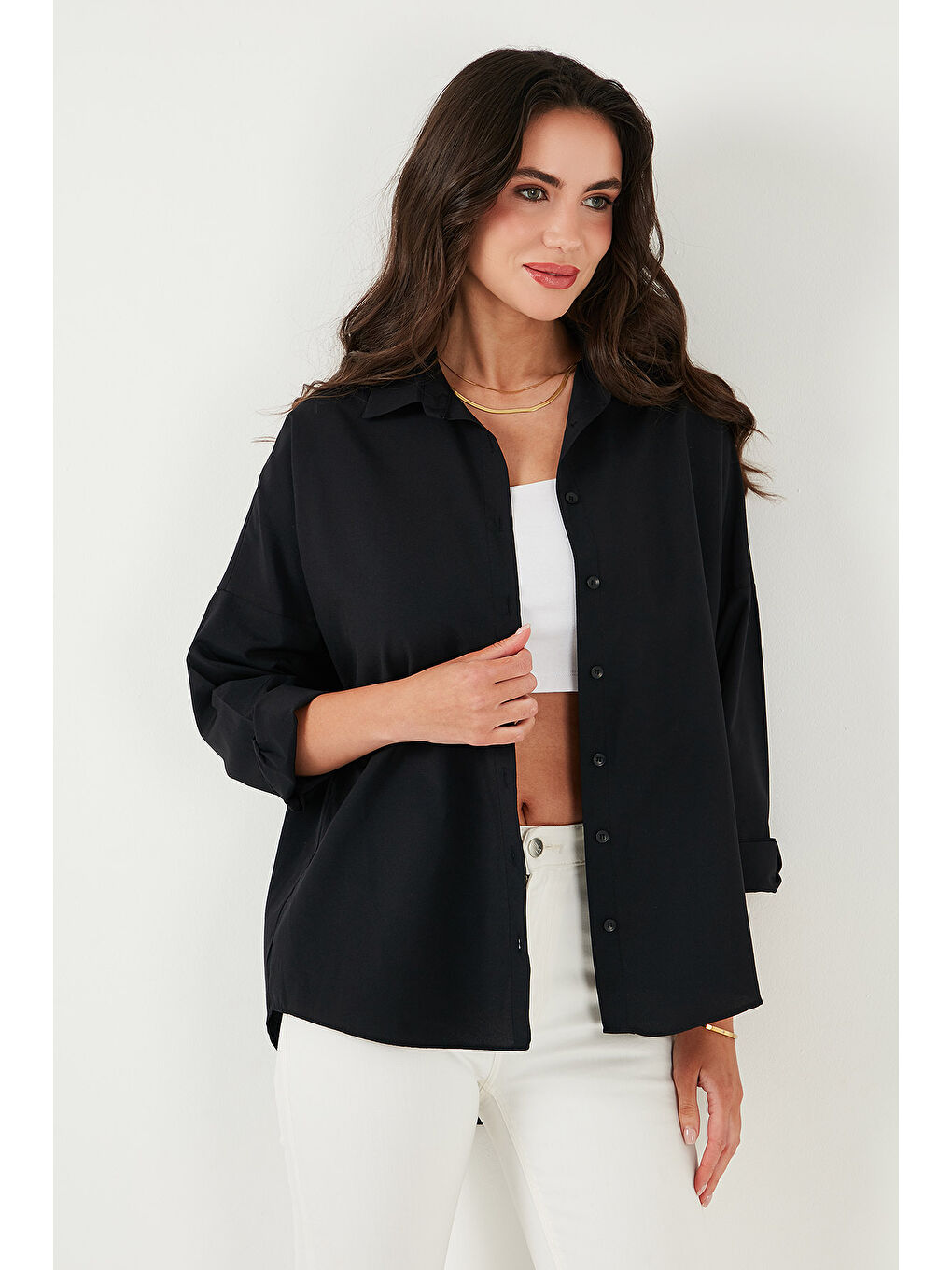 Siyah Pamuk Karışımlı Regular Fit Kadın Gömlek 6772418-4