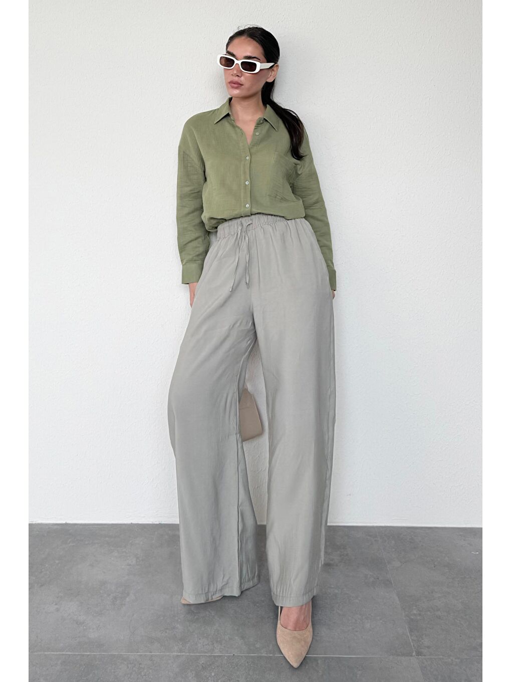 Soluk Yeşil Geniş Paça Kadın Pantolon Mg1982-4