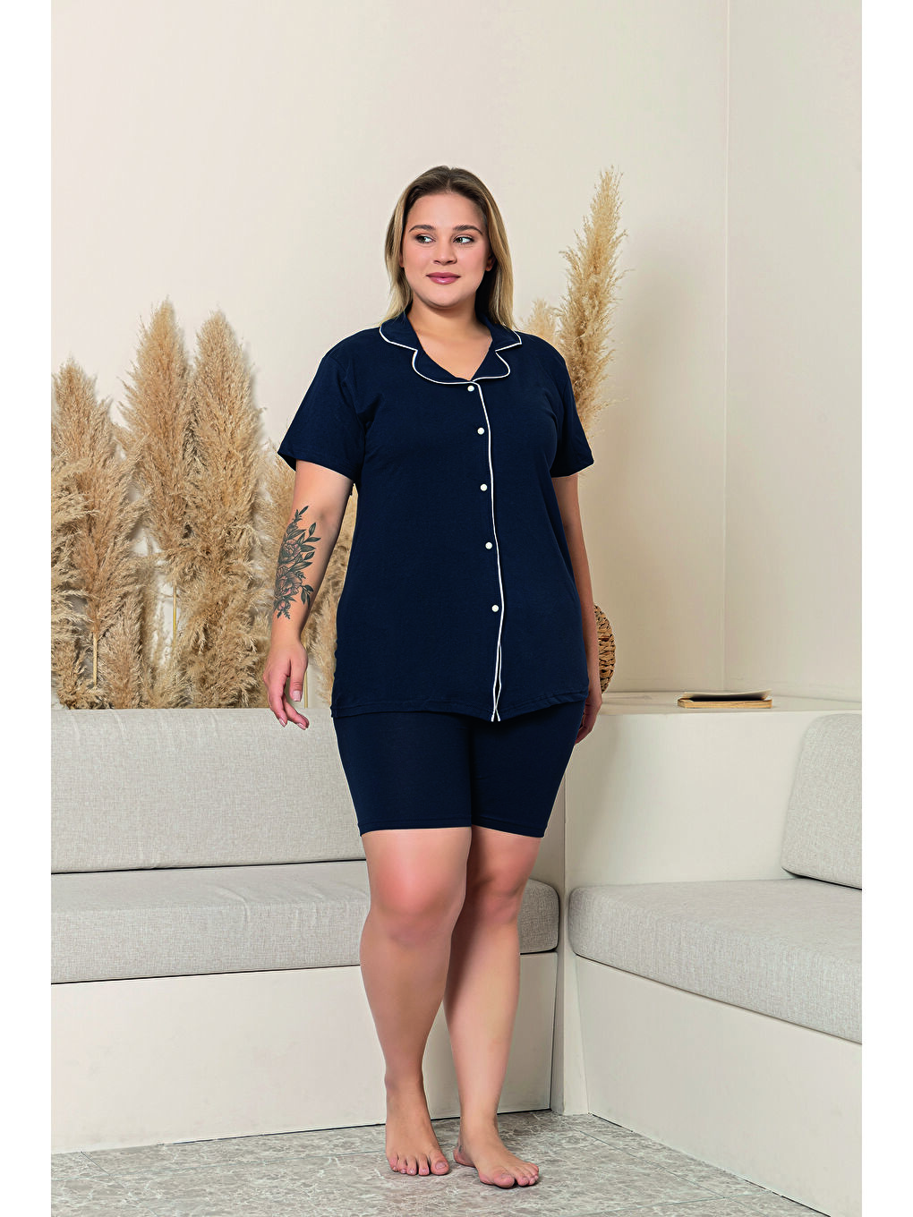 Lacivert Kadın %100 Organik Pamuk Doğal Gömlek Yaka Düğmeli Kısa Kollu Biyeli Şortlu Battal Pijama Takımı-1
