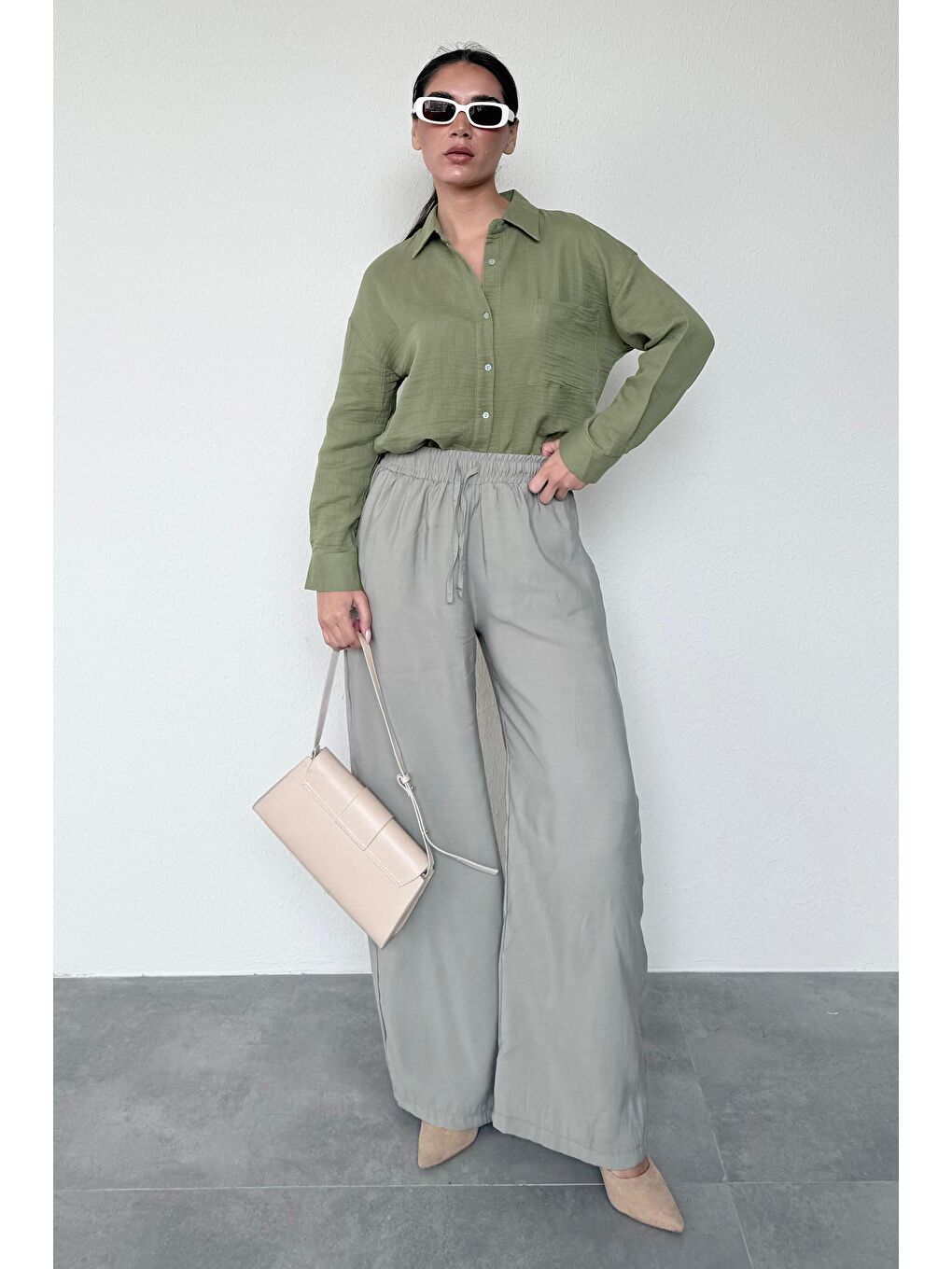 Soluk Yeşil Geniş Paça Kadın Pantolon Mg1982-6