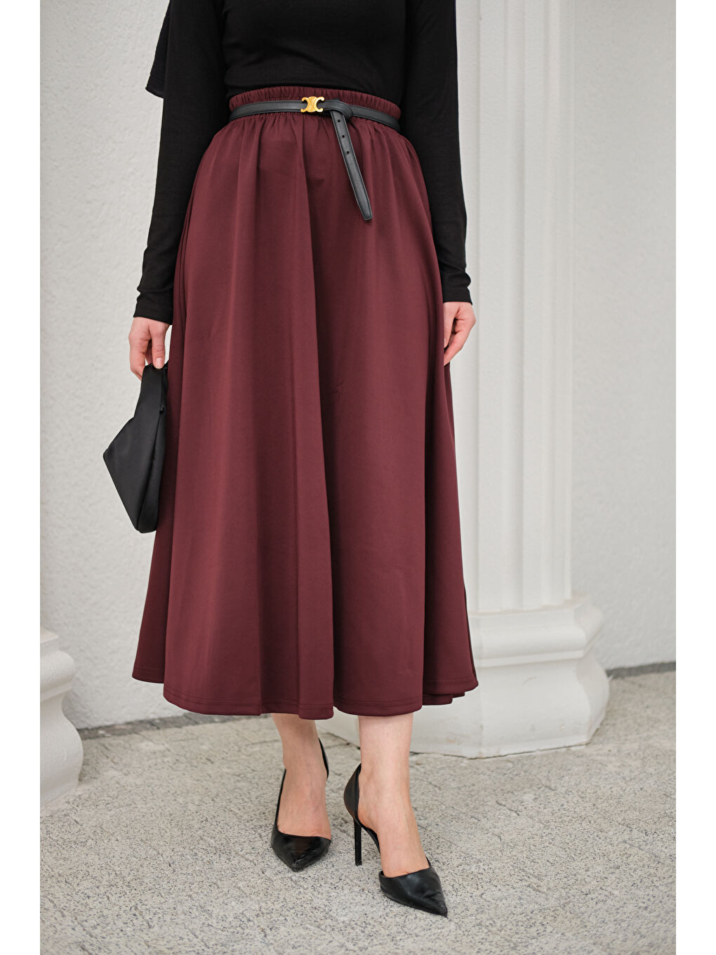 Kadın Beli Lastikli Scuba Etek Bordo-1