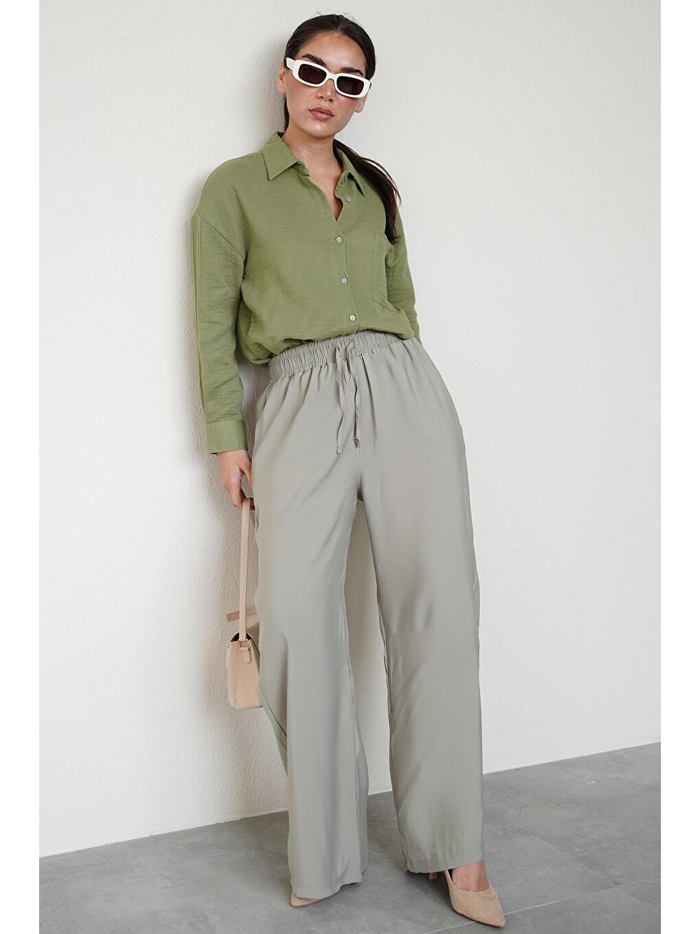 Soluk Yeşil Geniş Paça Kadın Pantolon Mg1982-8