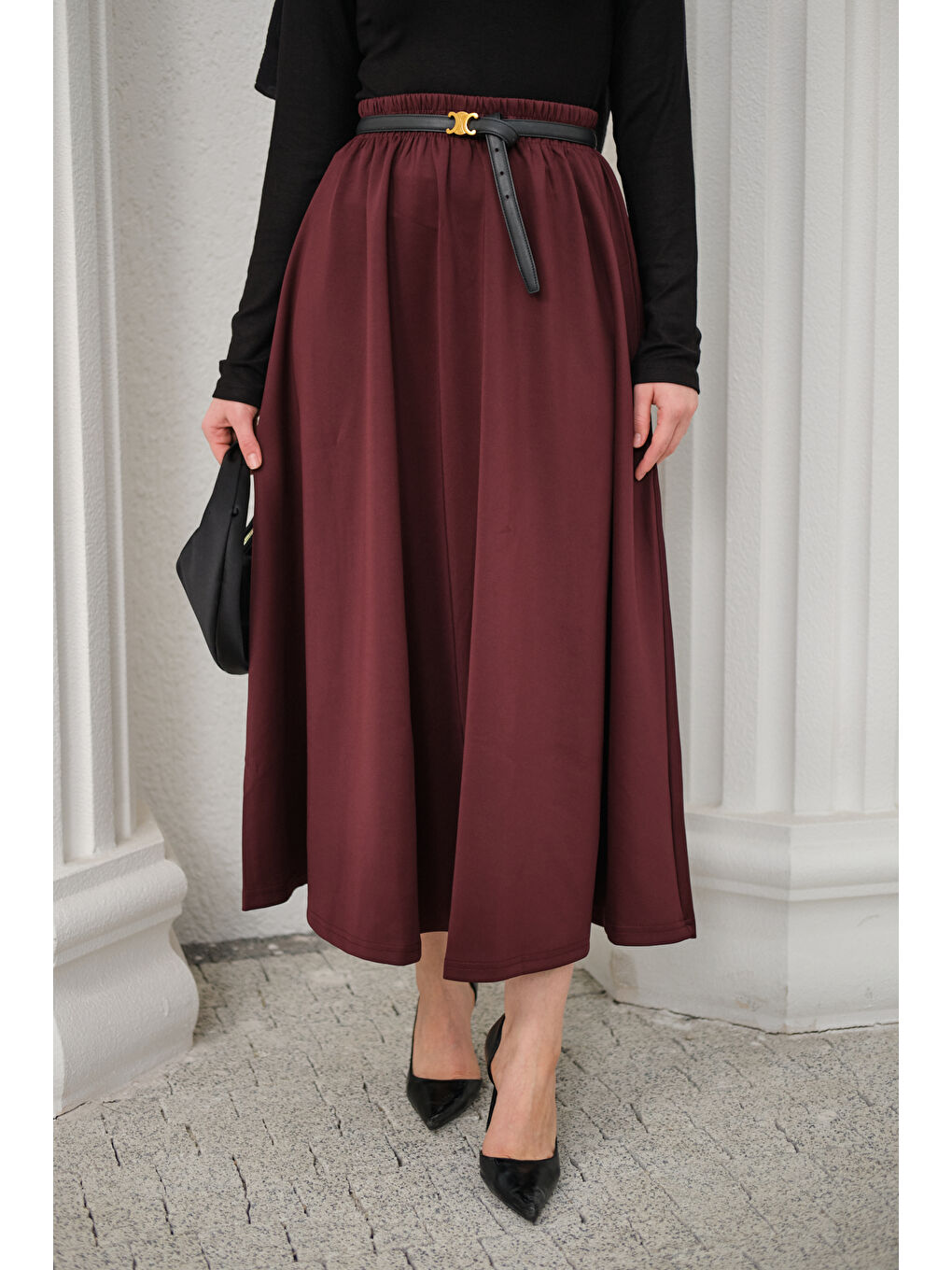 Kadın Beli Lastikli Scuba Etek Bordo-2