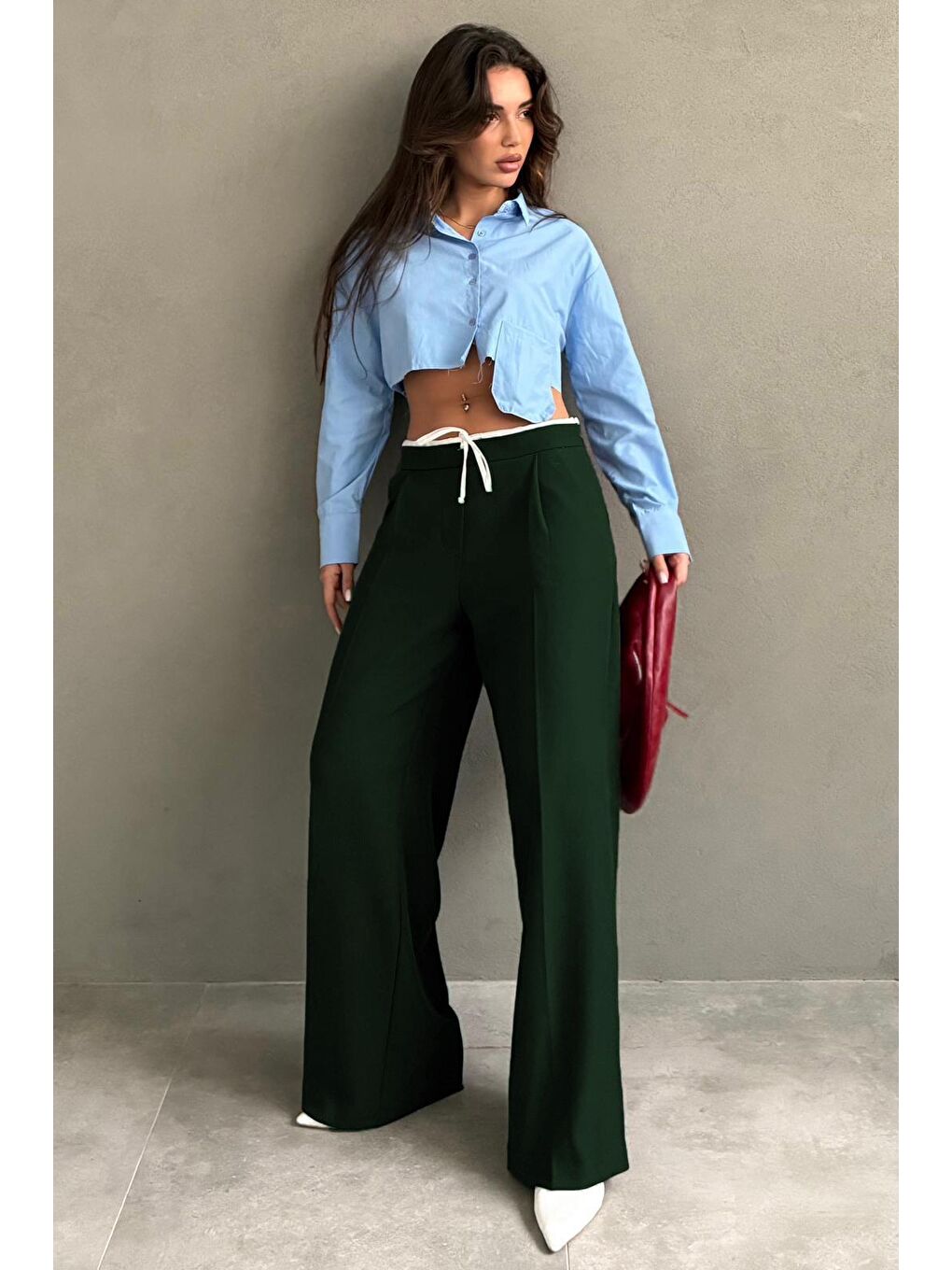 Haki Çift Bel Bantlı Wide Leg Kadın Pantolon Mg2551