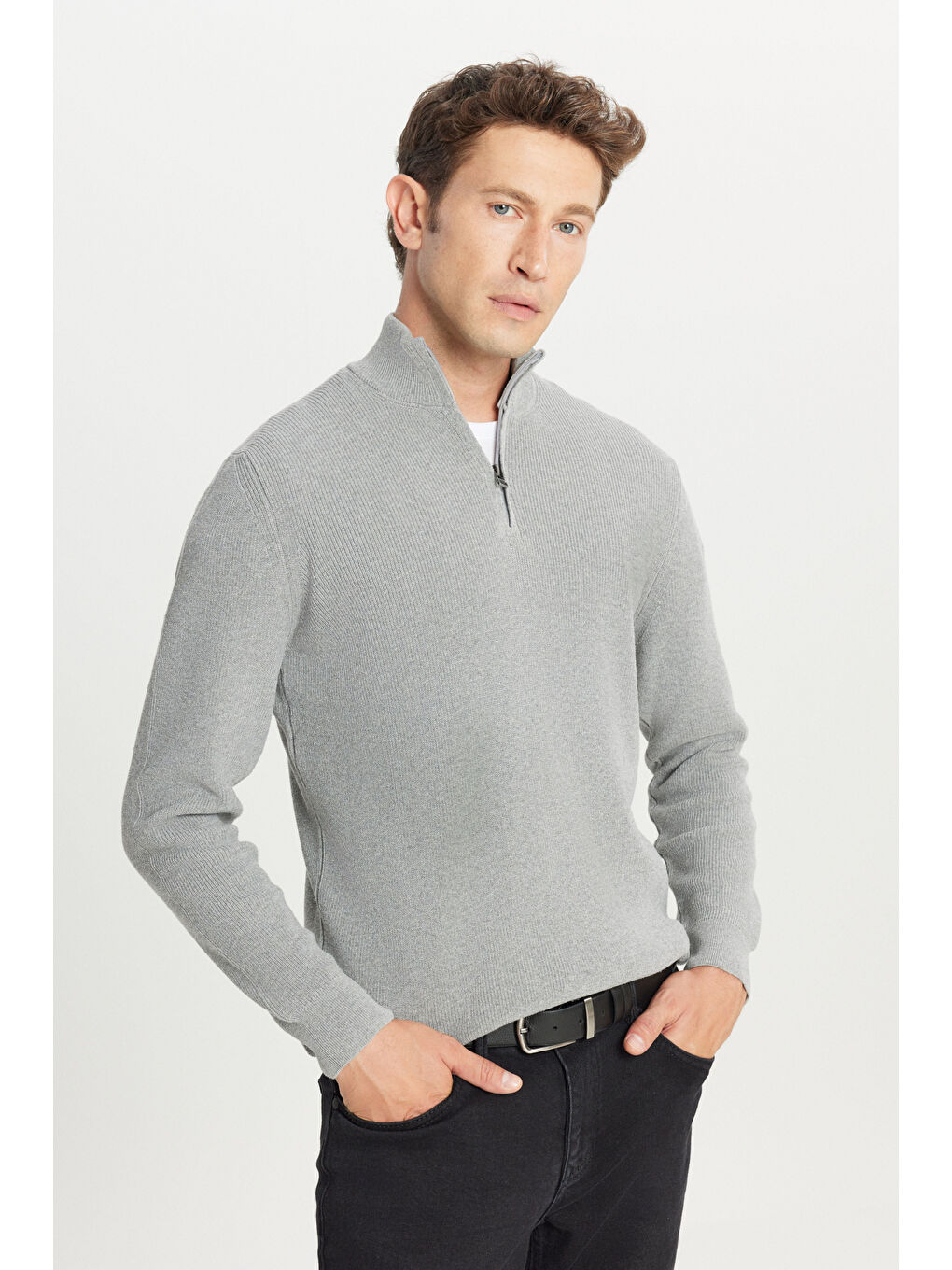 Erkek Gri Melanj Pamuklu Standart Fit Normal Kesim Bato Yaka Jakarlı Triko Kazak-2