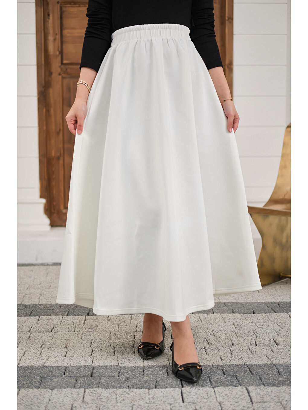 Kadın Beli Lastikli Scuba Etek Beyaz-2
