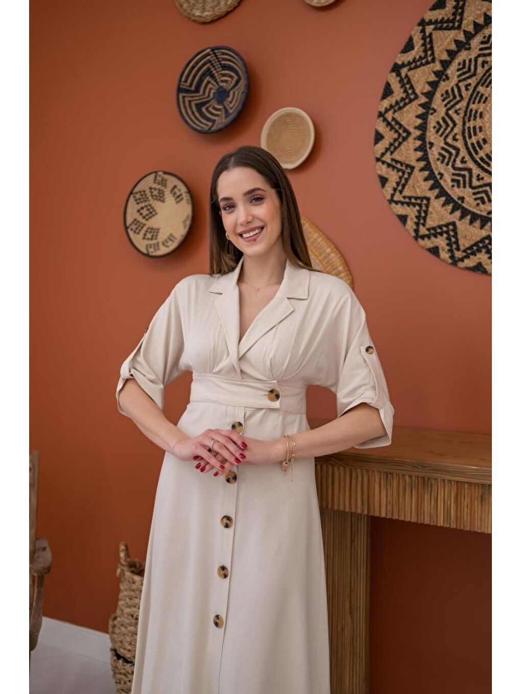 Bej Düğmeli Keten Elbise-2