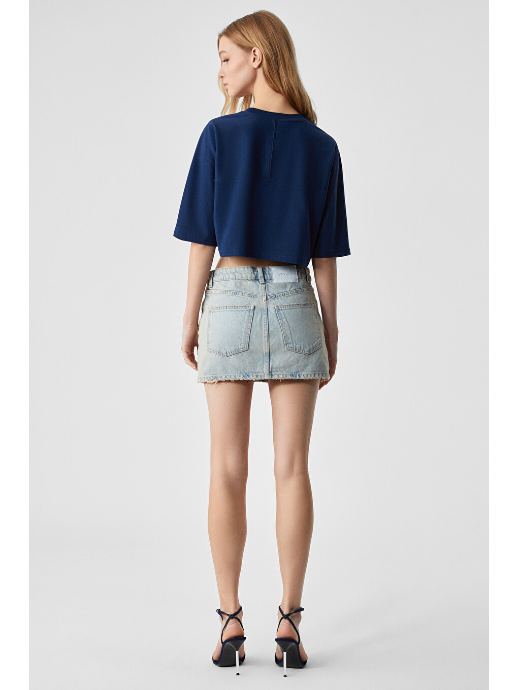 Qefkop Kadın %100 Pamuk Bisiklet Yaka Oversize Lacivert T-shirt-5