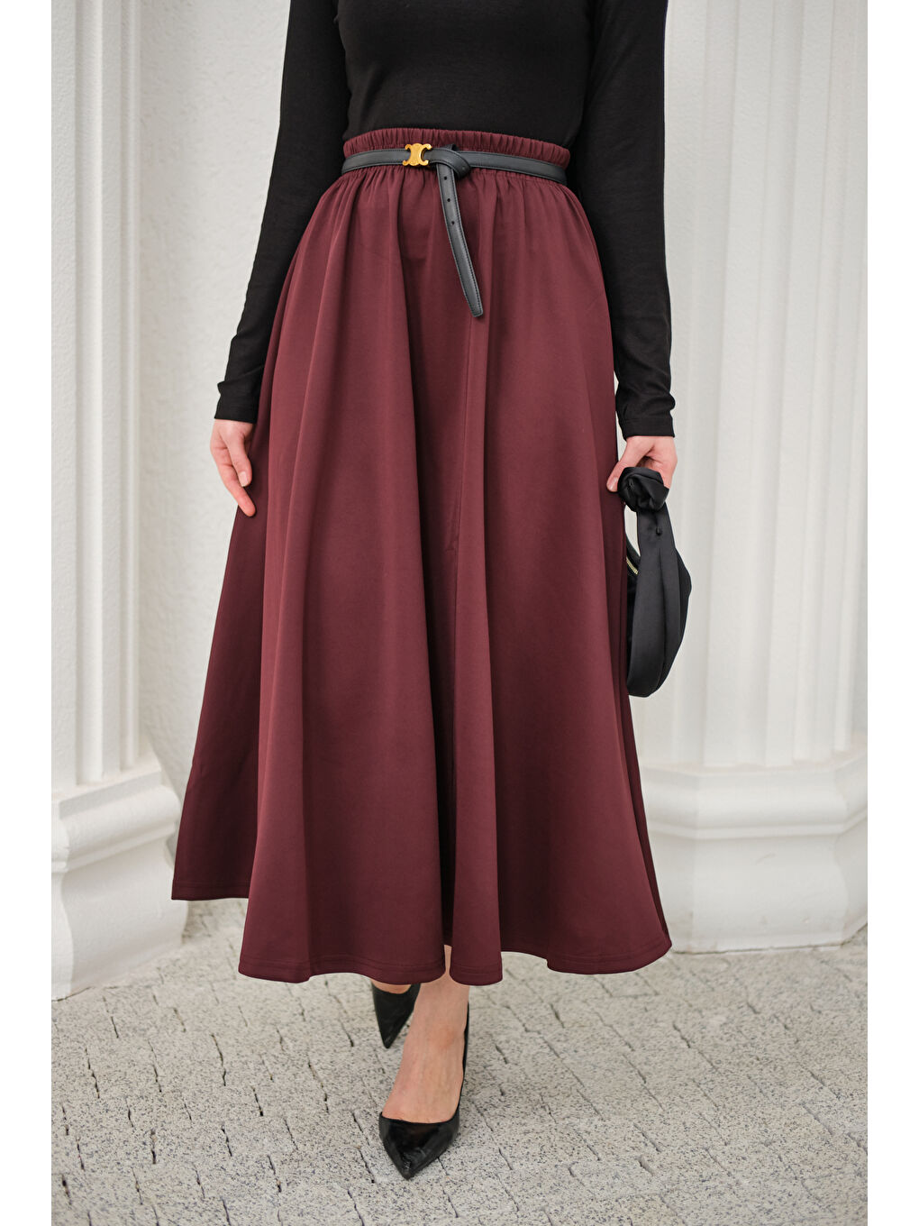 Kadın Beli Lastikli Scuba Etek Bordo-3