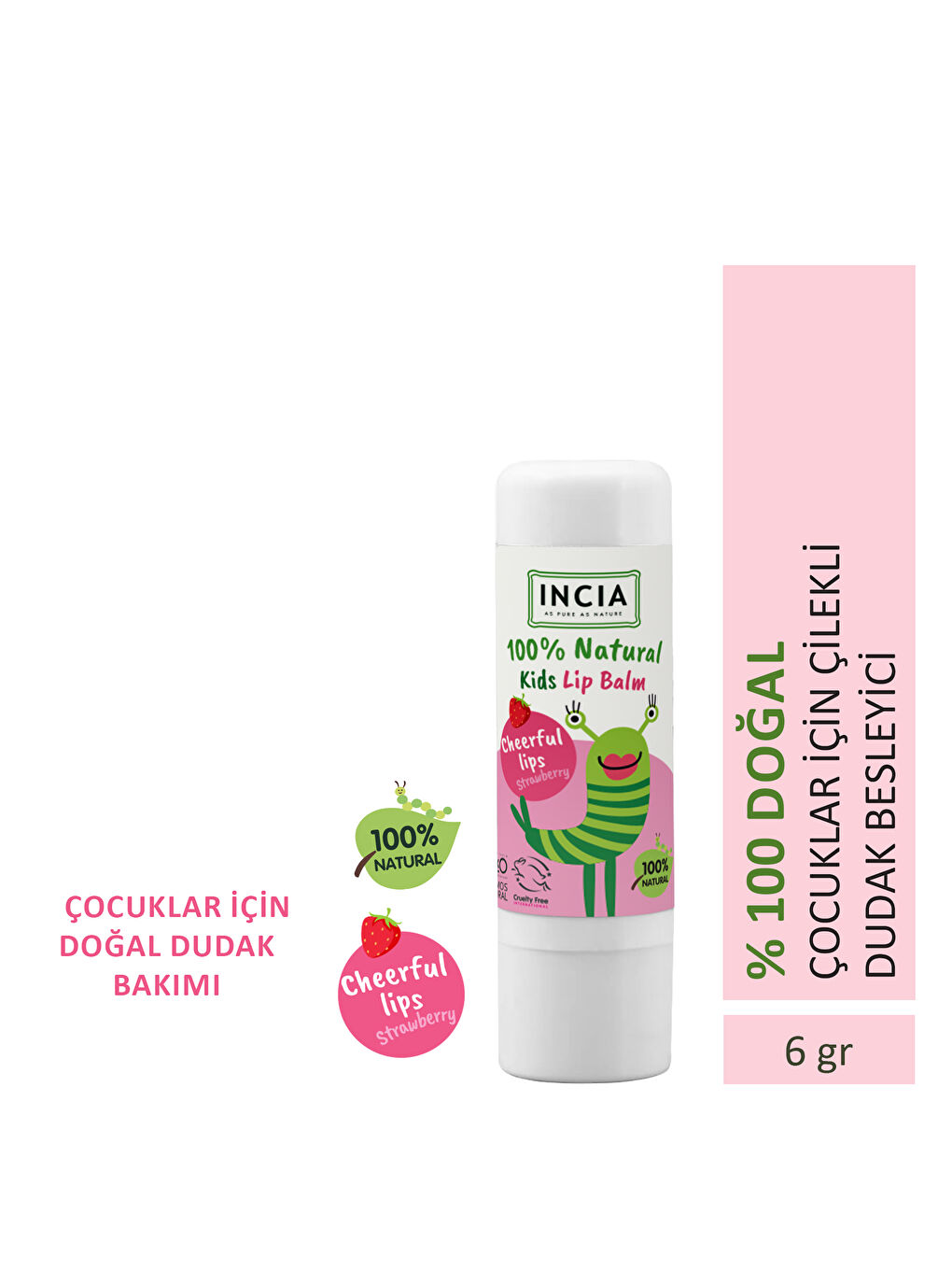 %100 Doğal Kids Dudak Besleyici Çilek Bitkisel Nemlendirici Dudak Bakım Kremi 6 G