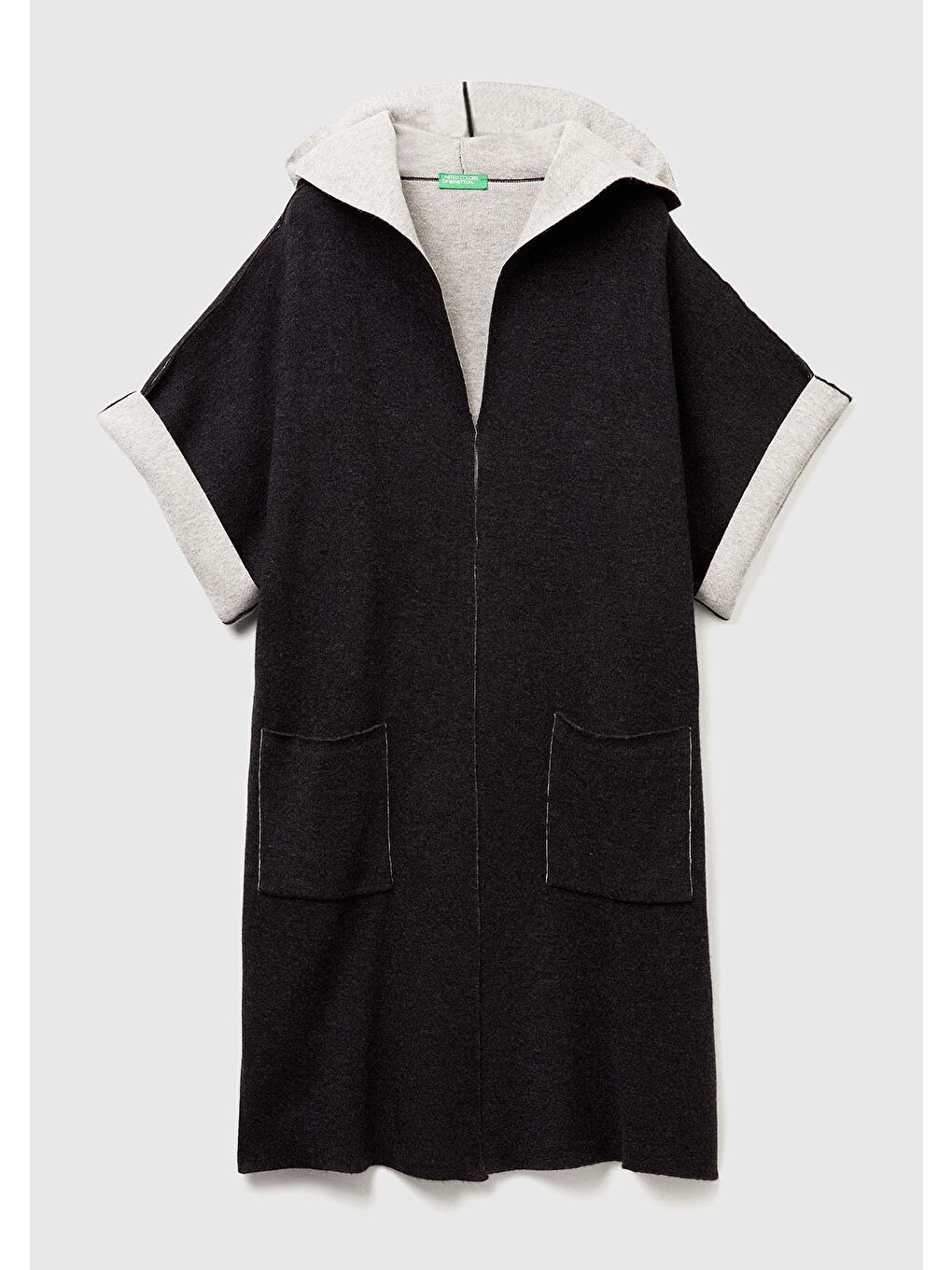 Kadın Siyah Pamuk ve Yün Karışımlı Çift Taraflı Kapüşonlu Kısa Kol Hırka