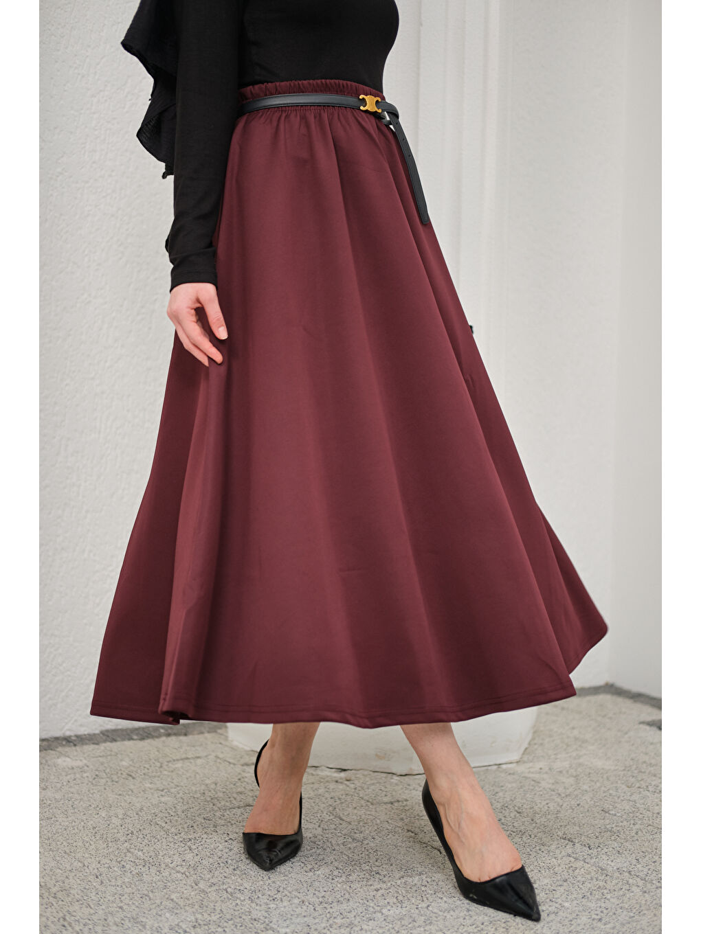 Kadın Beli Lastikli Scuba Etek Bordo-4