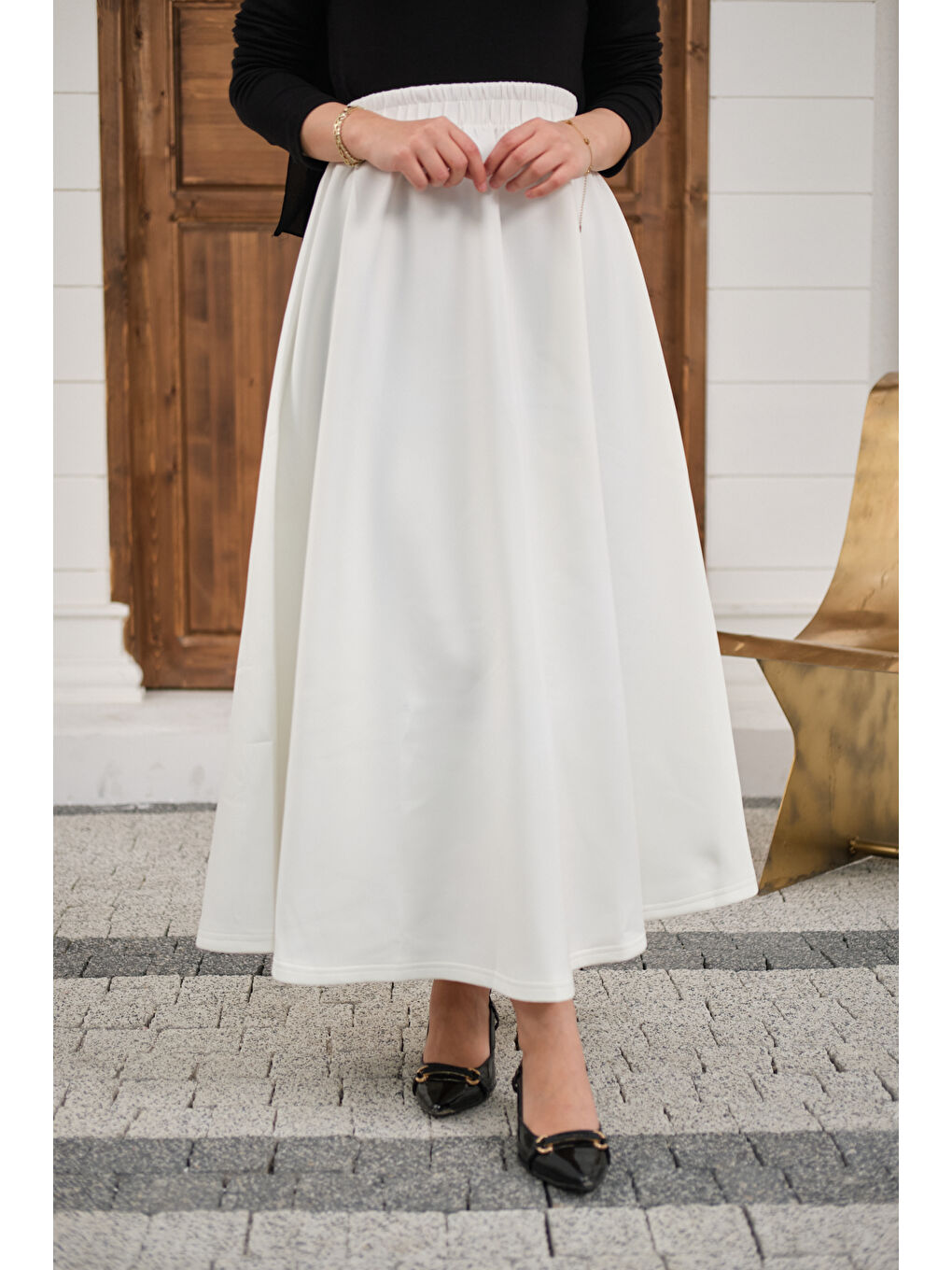 Kadın Beli Lastikli Scuba Etek Beyaz-3