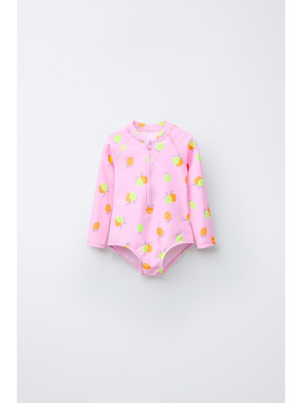 Pembe Limon Desenli Fermuarlı Uzun Kollu Mayo