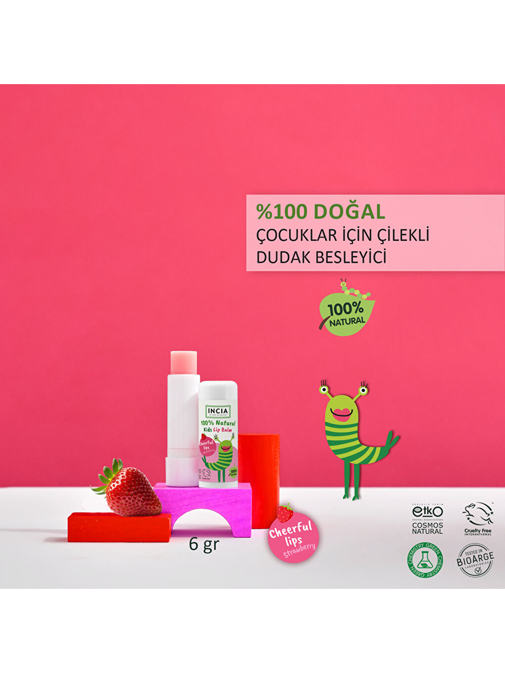 %100 Doğal Kids Dudak Besleyici Çilek Bitkisel Nemlendirici Dudak Bakım Kremi 6 G-1