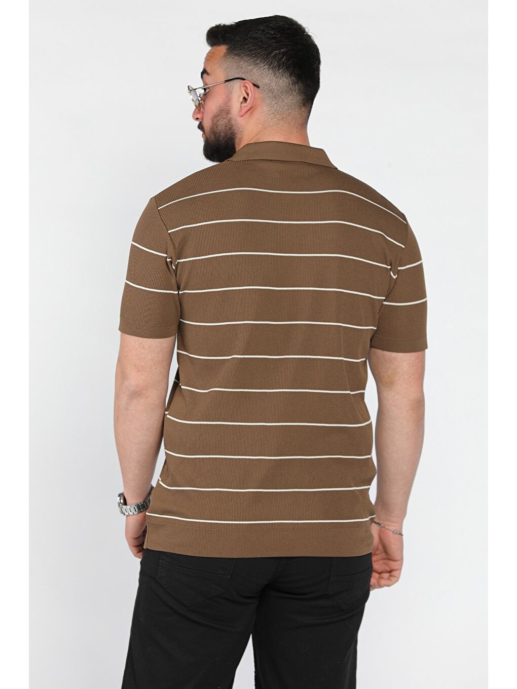 Kahverengi Erkek Polo Yaka Yarım Fermuarlı Çizgi Desenli Triko Tişört-2