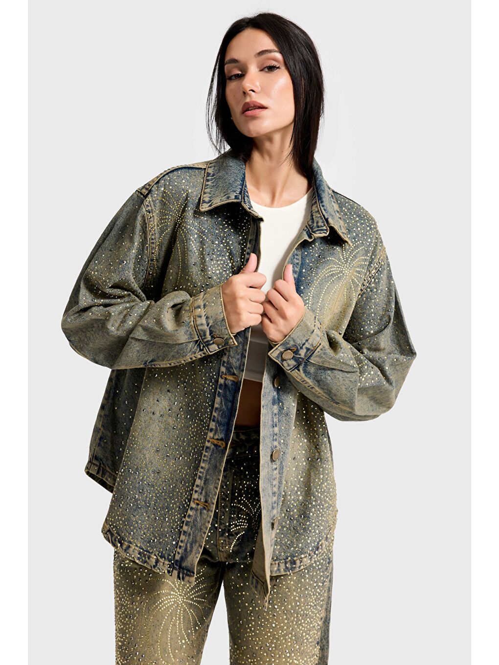 Mavi Kadın T.Kot Rengi T-4w5-11 Oversize Parlak Taşlı Özel Tasarım Denim Ceket Gömlek-1