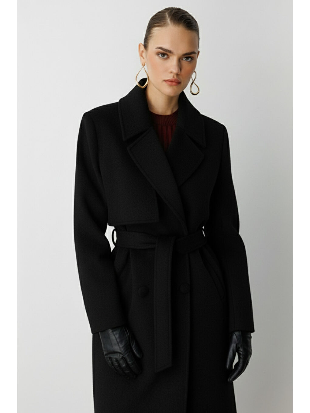 Yünlü Kaşe Dokulu Siyah Tek Rüzgarlıklı Kaban-1