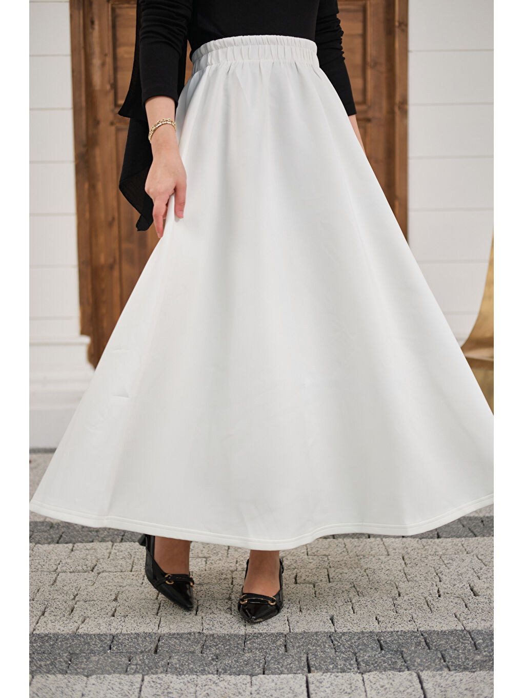 Kadın Beli Lastikli Scuba Etek Beyaz-4