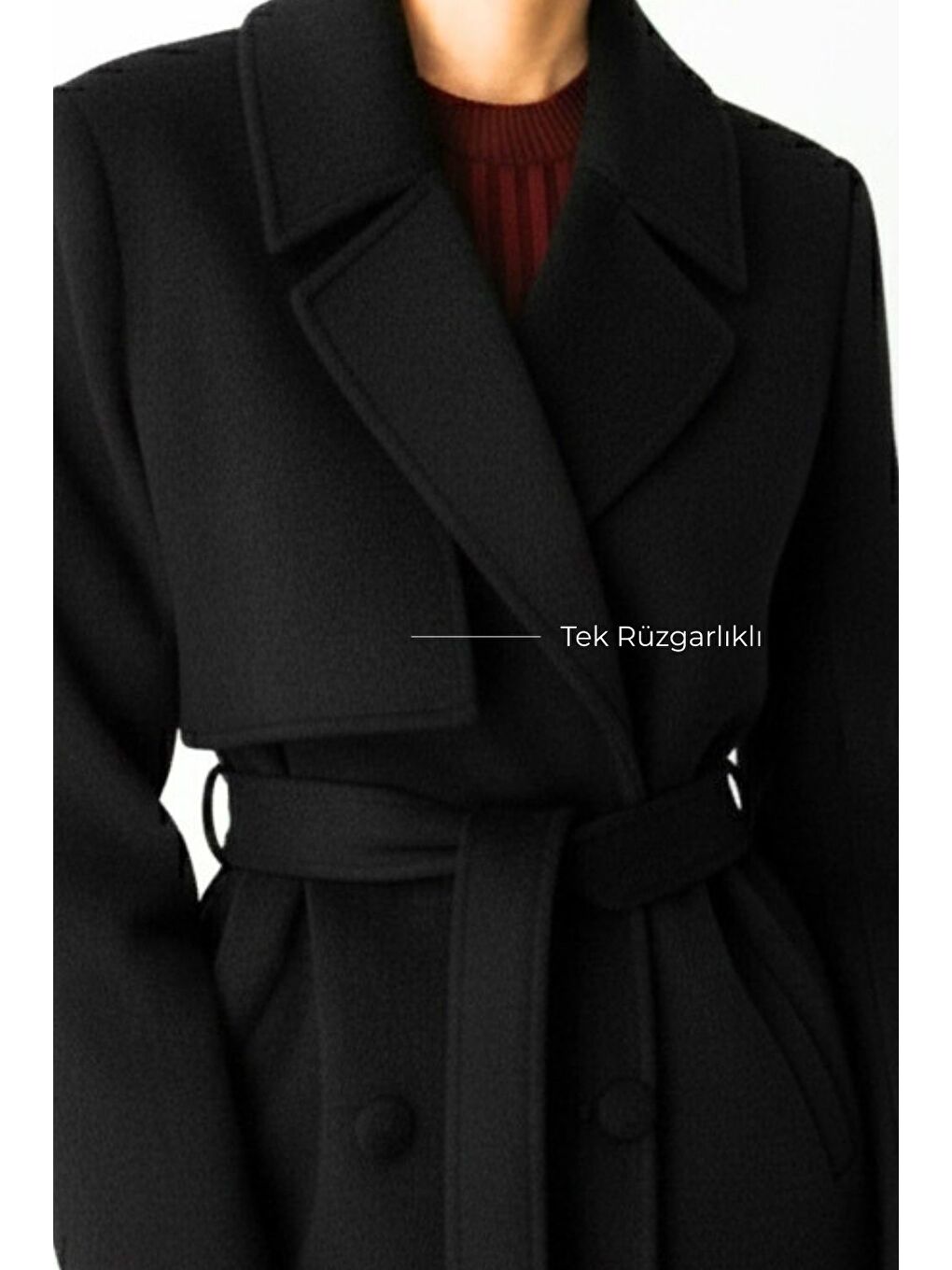 Yünlü Kaşe Dokulu Siyah Tek Rüzgarlıklı Kaban-2