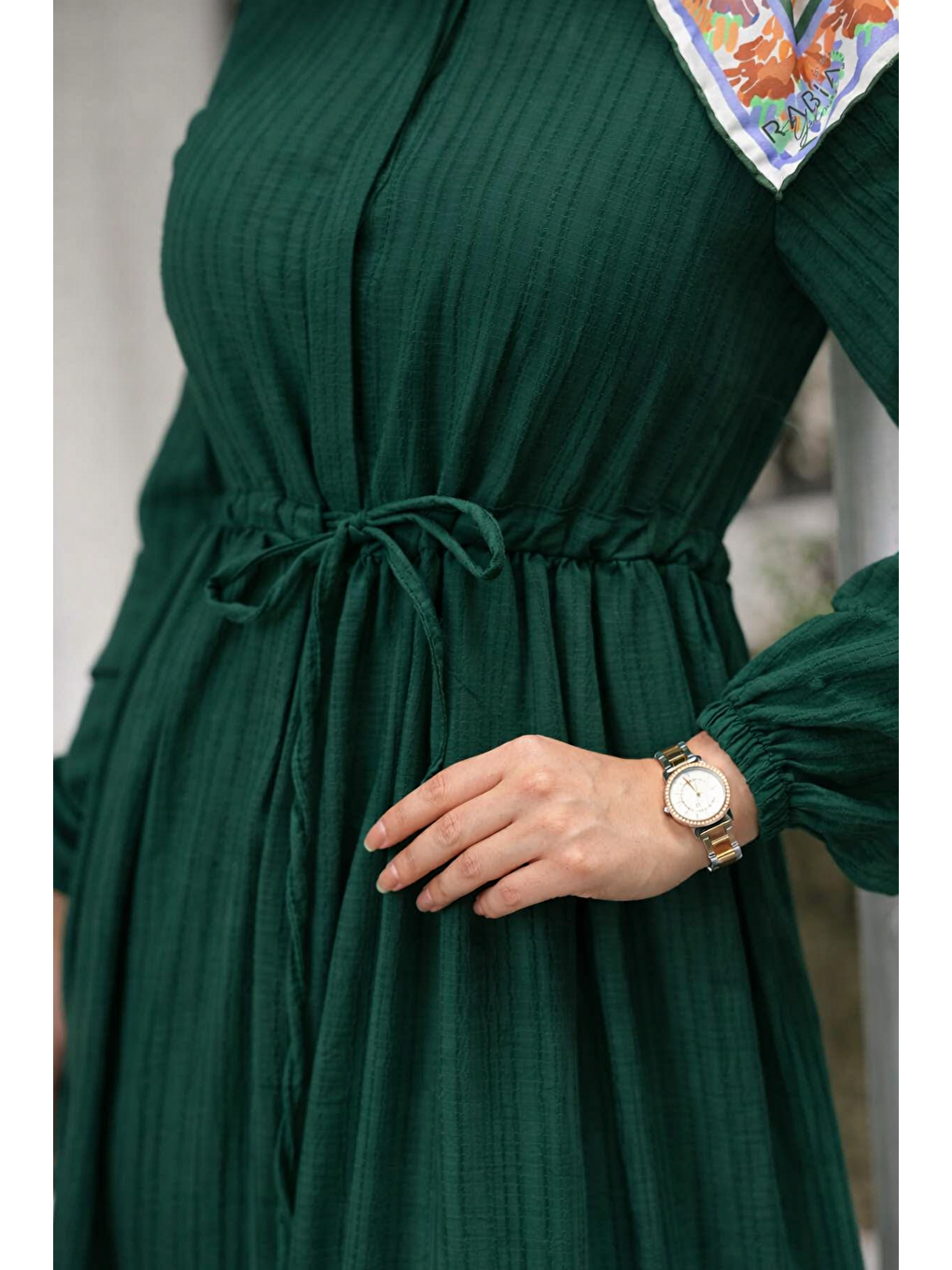 Kadın Uzun Kollu Büzgülü Tesettür K.Yeşil Uzun Elbise-4